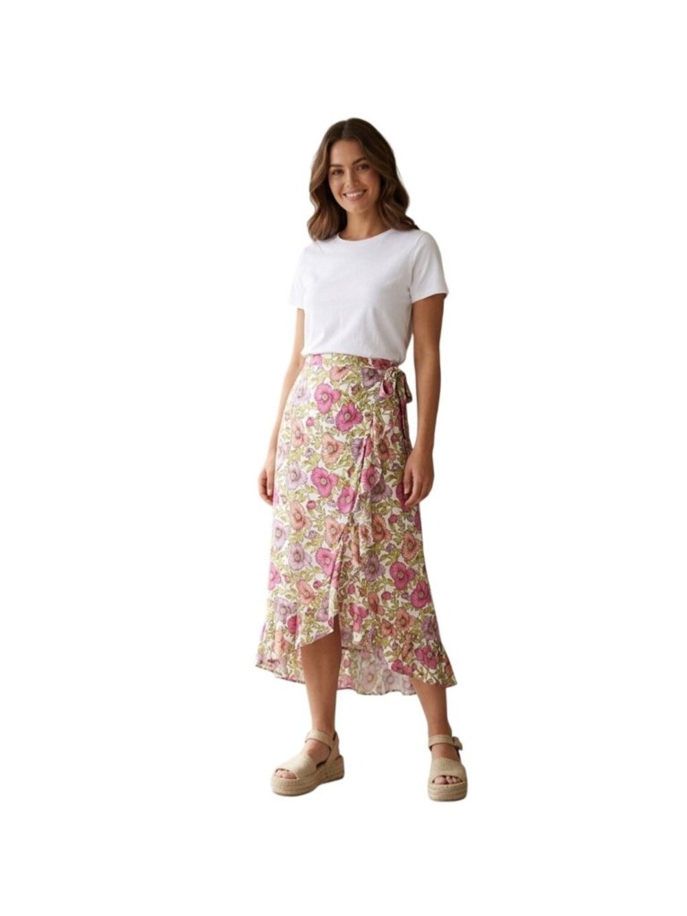 Cupcakes & Cashmere Roxanne Floral Wrap Midi Skirt S Boho Spring Ruffled Hem